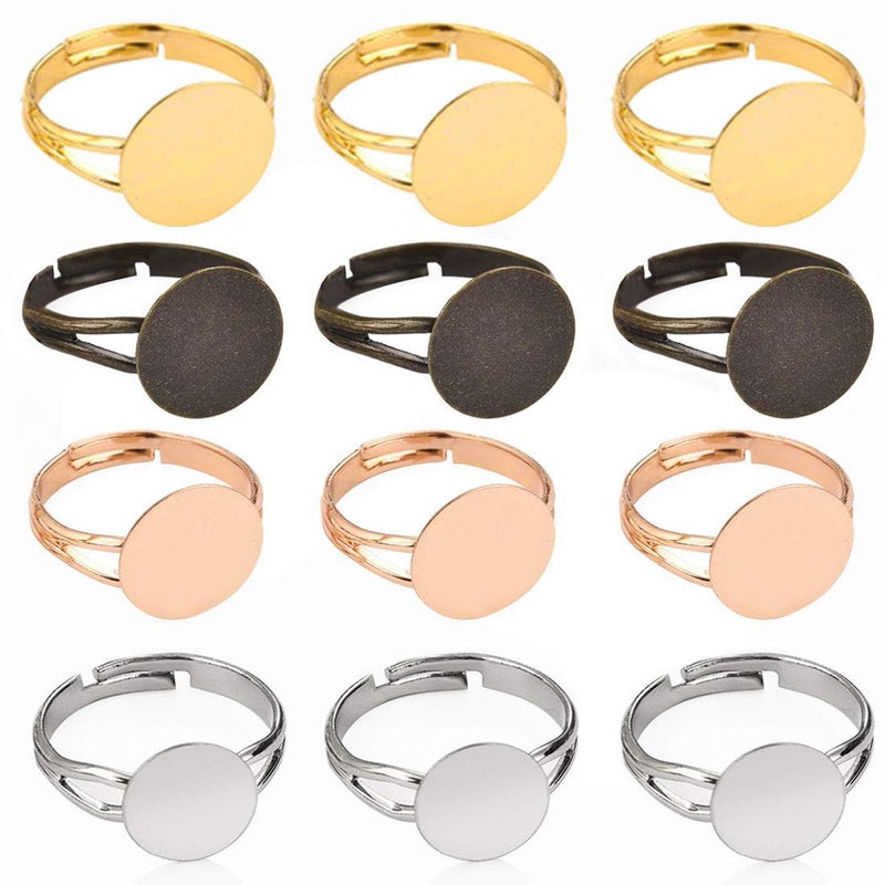 LANBEIDE 40 Pcs Blank Rings- Mixed Plated Adjustable Flat 12mm Ring Base Blank Jewelry Findings(Silver, Gold, Rose Gold, Antique Bronze) - Image 1
